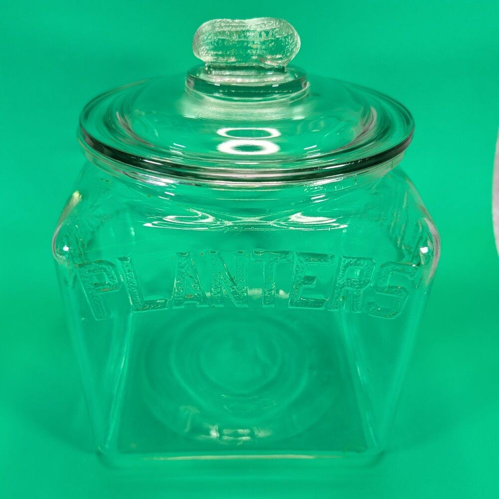 Vintage Planters Peanut Square Glass Store Counter Display Jar Lid USA FLEABITES